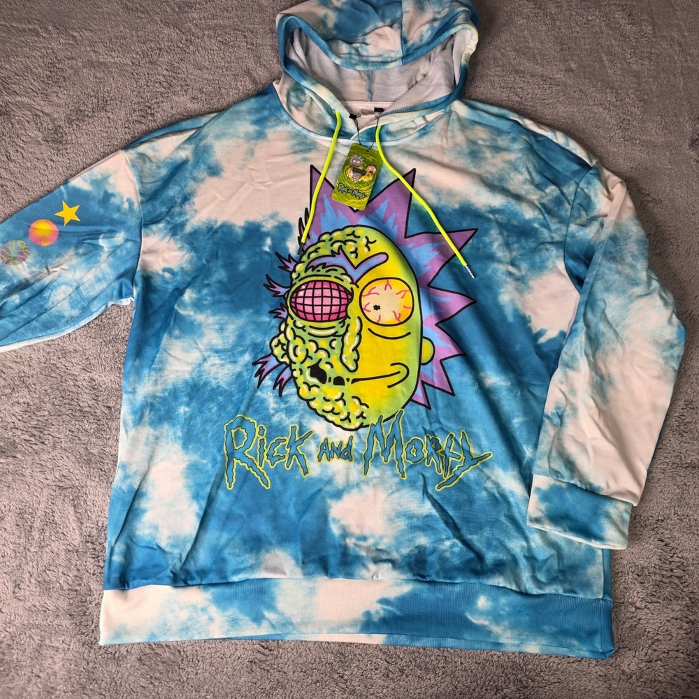 SHEIN X Mens XXL Hoodie Blue Tie Dye Rick and Morty Graphic Adult Swim‎ NEW